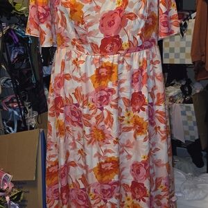 Vibrant Floral Midi Dress in Pink and Orange